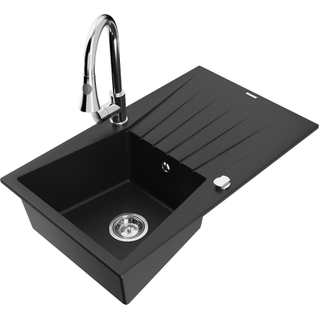 Mexen Cesar Granitspüle 1-becken mit Abtropffläche und Küchenarmatur Elia, schwarz - 6514-77-670101-00