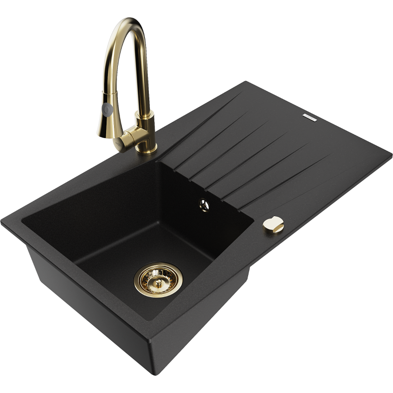 Mexen Cesar graniittinen, yhden altaan keittiöallas valutustasolla ja keittiöhanalla Elia, musta - 6514-77-670101-50
