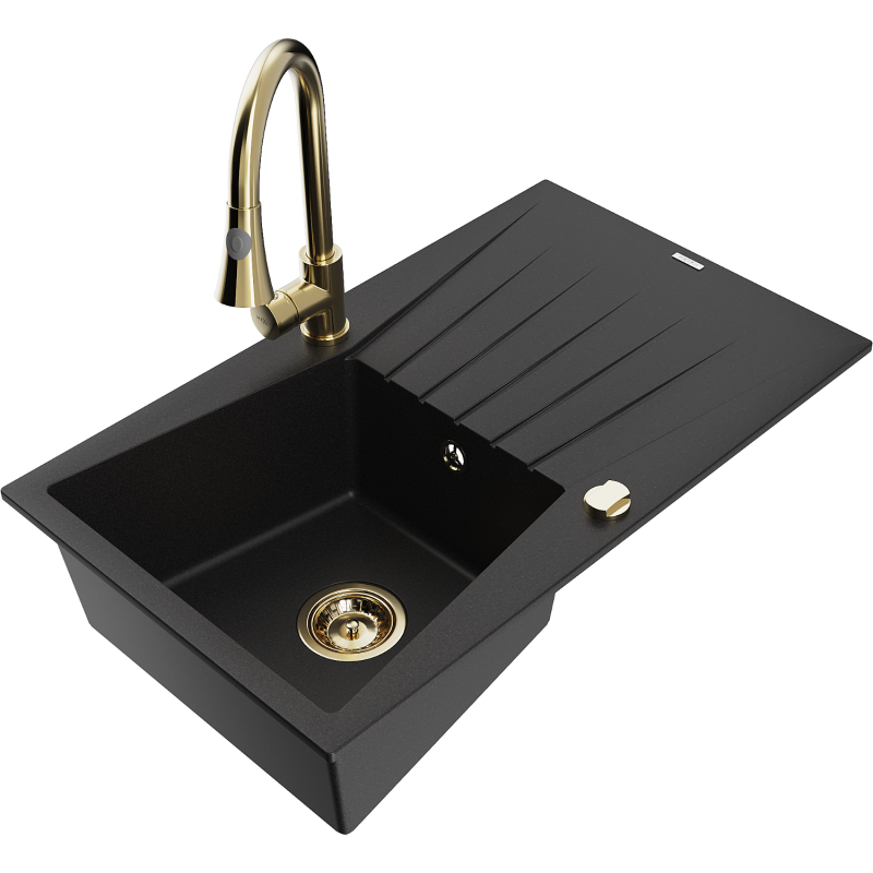 Mexen Cesar single-bowl granite sink with drainer and Elia kitchen tap, black - 6514-77-670101-50