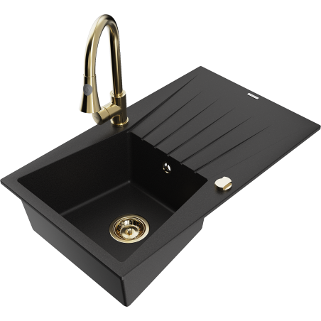 Mexen Cesar fregadero de granito de un seno con escurridor y grifo de cocina Elia, negro - 6514-77-670101-50
