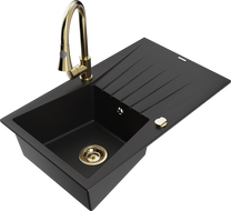 Mexen Cesar single-bowl granite sink with drainer and Elia kitchen tap, black - 6514-77-670101-50