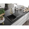 Mexen Cesar granite kitchen sink, 1-bowl with drainer and Elia kitchen tap, black - 6514-77-670101-50-B