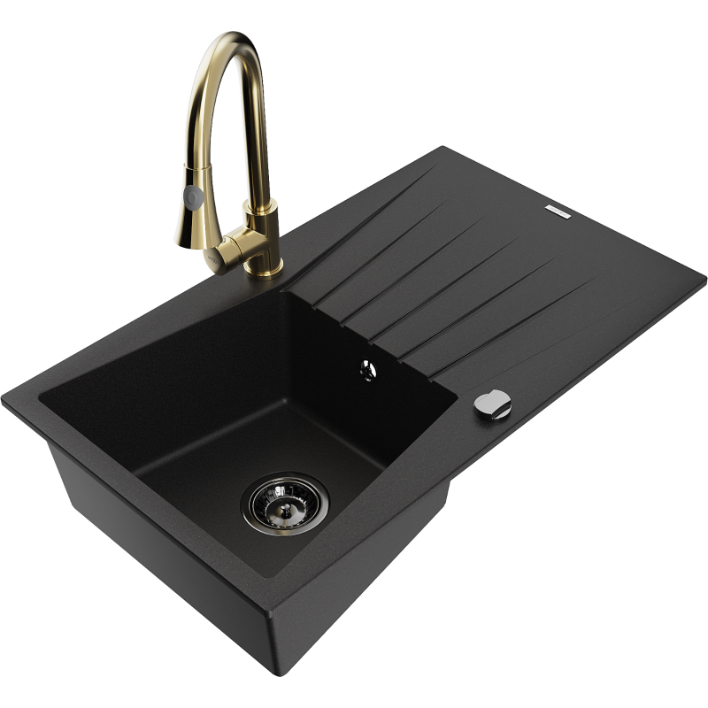 Mexen Cesar fregadero de granito de 1 compartimento con escurridor y grifo de cocina Elia, negro - 6514-77-670101-50-B