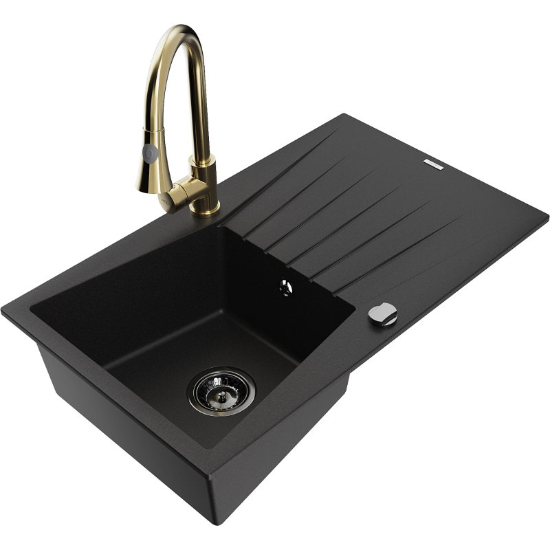 Mexen Cesar granite kitchen sink, 1-bowl with drainer and Elia kitchen tap, black - 6514-77-670101-50-B