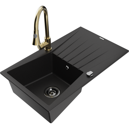 Mexen Cesar fregadero de granito de 1 compartimento con escurridor y grifo de cocina Elia, negro - 6514-77-670101-50-B