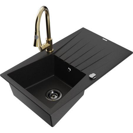 Mexen Cesar granite kitchen sink, 1-bowl with drainer and Elia kitchen tap, black - 6514-77-670101-50-B