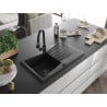 Mexen Cesar granite sink 1-bowl with drainer and Elia kitchen faucet, black - 6514-77-670101-70-B