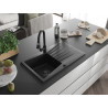 Mexen Cesar granitspüle 1-becken mit abtropffläche und küchenarmatur Elia, schwarz - 6514-77-670101-70-B