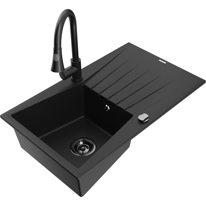 Mexen Cesar 1-compartment granite sink with a drip tray and kitchen mixer tap Elia, Black - 6514-77-670101-70-B