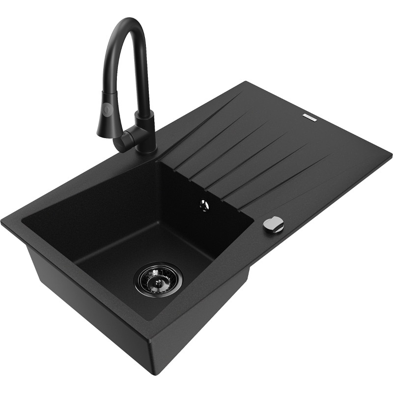 Mexen Cesar fregadero de granito de 1 cubeta con escurridor y grifo de cocina Elia, negro - 6514-77-670101-70-B