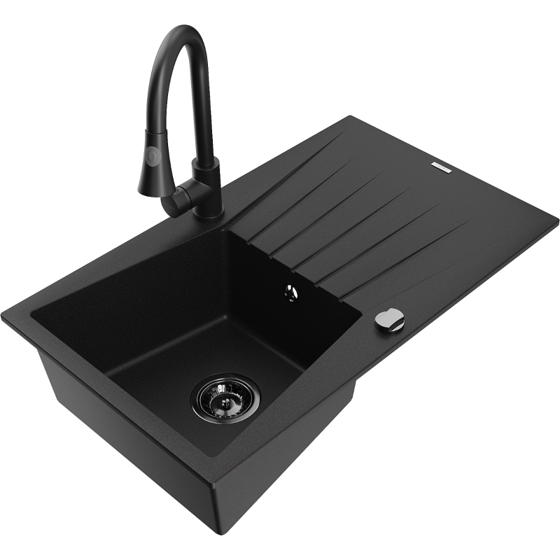 Mexen Cesar granit-handfat 1-fack med avrinning och köksblandare Elia, svart - 6514-77-670101-70-B