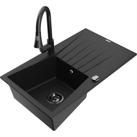 Mexen Cesar granite sink 1-bowl with drainer and Elia kitchen faucet, black - 6514-77-670101-70-B