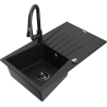 Mexen Cesar granite sink 1-bowl with drainer and Elia kitchen faucet, black - 6514-77-670101-70-B