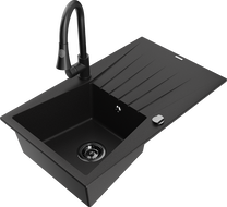 Mexen Cesar granite sink 1-bowl with drainer and Elia kitchen faucet, black - 6514-77-670101-70-B