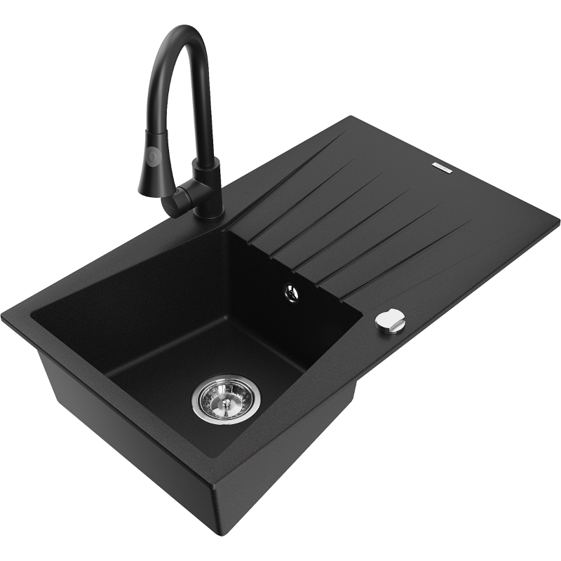 Mexen Cesar fregadero de granito de 1 cuenco con escurridor y grifo de cocina Elia, negro - 6514-77-670101-70