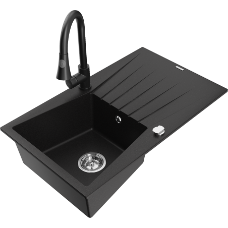 Mexen Cesar fregadero de granito de 1 cuenco con escurridor y grifo de cocina Elia, negro - 6514-77-670101-70