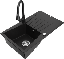 Mexen Cesar granite sink with 1 bowl, drainer, and Elia kitchen tap, black - 6514-77-670101-70