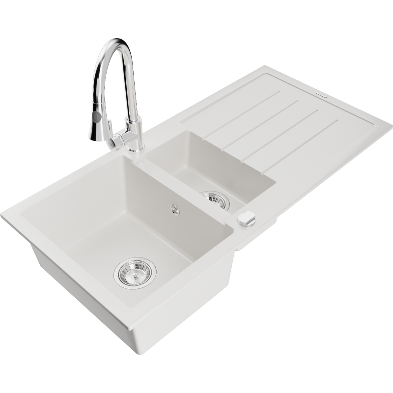 Mexen Andres fregadero de granito de 1,5 senos con escurridor y grifo de cocina Elia, blanco - 6515-20-670101-00