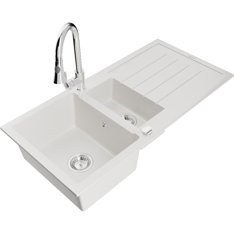 Mexen Andres granite sink 1.5-bowl with drainer and Elia kitchen tap, white - 6515-20-670101-00