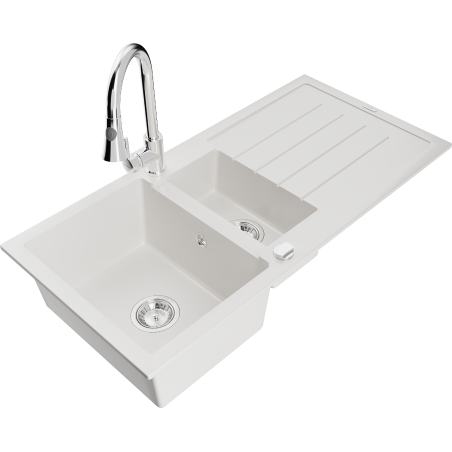 Mexen Andres évier en granit 1,5 bac avec égouttoir et robinet de cuisine Elia, blanc - 6515-20-670101-00