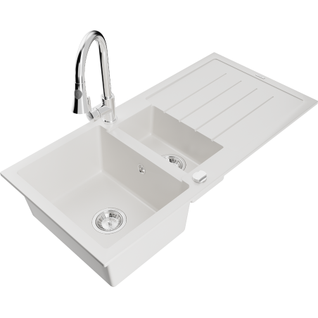 Mexen Andres granite sink 1.5-bowl with drainer and Elia kitchen tap, white - 6515-20-670101-00