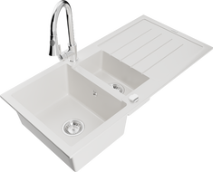 Mexen Andres granite sink 1.5-bowl with drainer and kitchen faucet Elia, white - 6515-20-670101-00