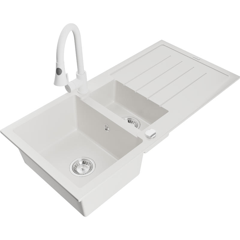 Mexen Andres fregadero de granito de 1,5 senos con escurridor y grifo de cocina Elia, blanco - 6515-20-670101-20