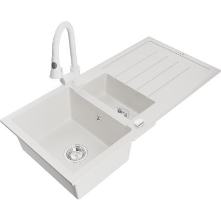 Mexen Andres granite sink 1.5-bowl with drainer and kitchen faucet Elia, white - 6515-20-670101-20