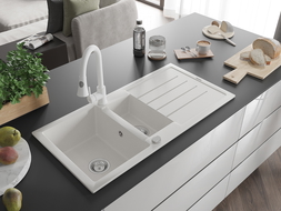 Mexen Andres fregadero de granito de 1,5 senos con escurridor y grifo de cocina Elia, blanco - 6515-20-670101-20