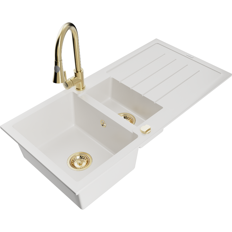 Mexen Andres fregadero de granito de 1,5 senos con escurridor y grifo de cocina Elia, blanco - 6515-20-670101-50