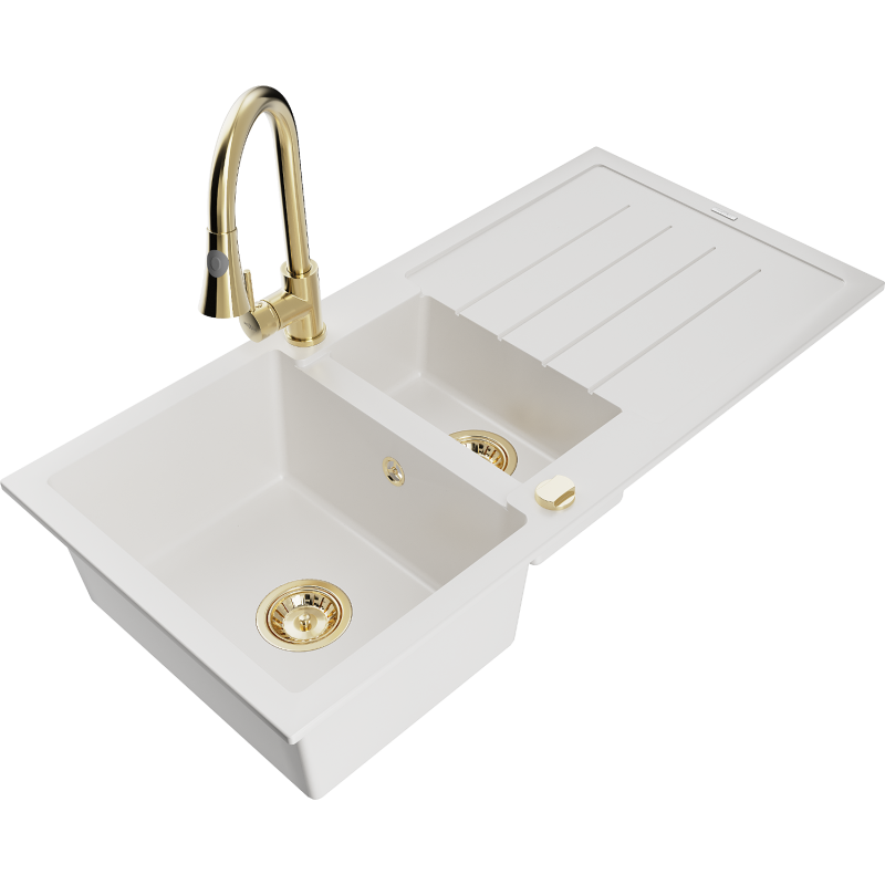 Mexen Andres lava-loiça de granito 1,5-cubas com escorredor e torneira de cozinha Elia, branco - 6515-20-670101-50