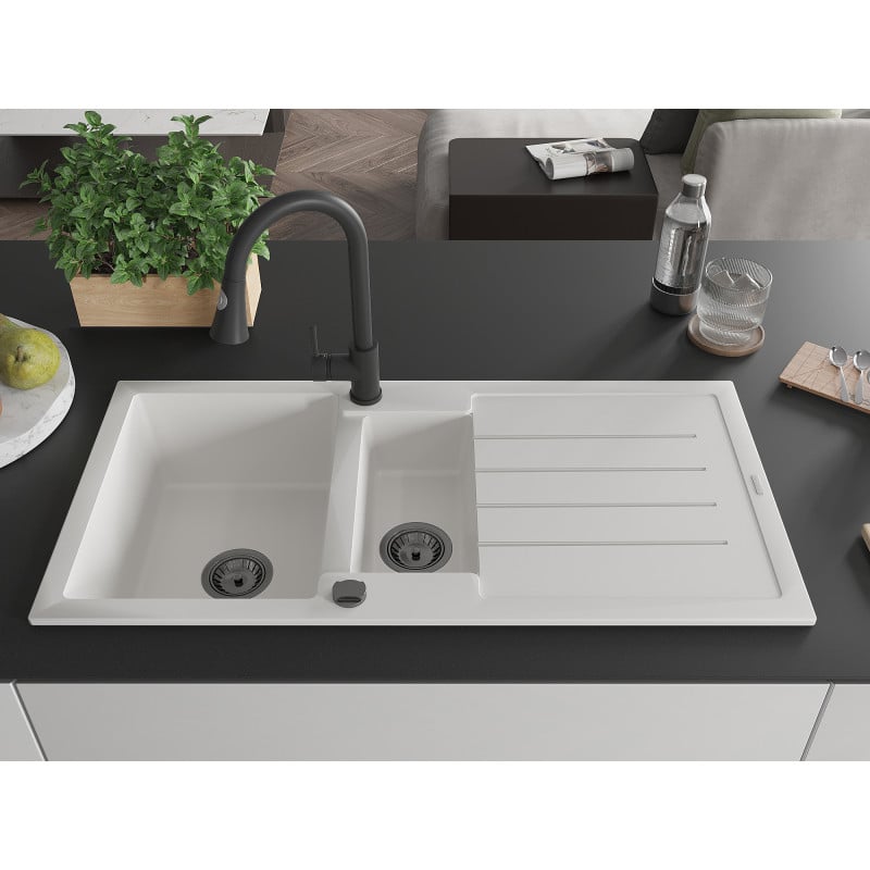 Mexen Andres Granitspüle 1,5-Becken mit Abtropffläche und Küchenarmatur Elia, Weiß - 6515-20-670101-70