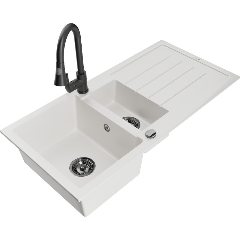 Mexen Andres granieten spoelbak 1,5-komorige met afdruiprek en keukenmengkraan Elia, wit - 6515-20-670101-70