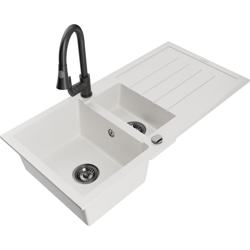 Mexen Andres granitdiskho 1,5-fack med avrinning och köksblandare Elia, vit - 6515-20-670101-70