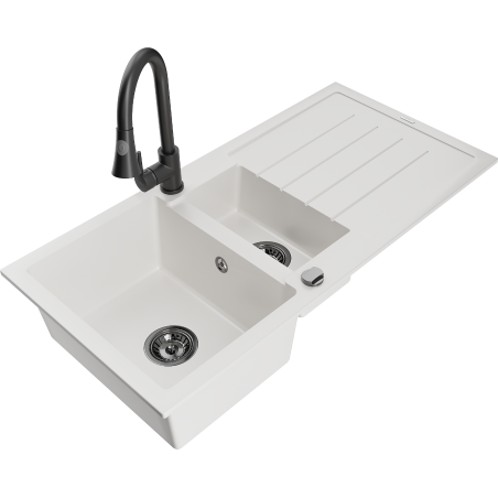 Mexen Andres lavello in granito 1,5 vasca con sgocciolatoio e rubinetto da cucina Elia, bianco - 6515-20-670101-70