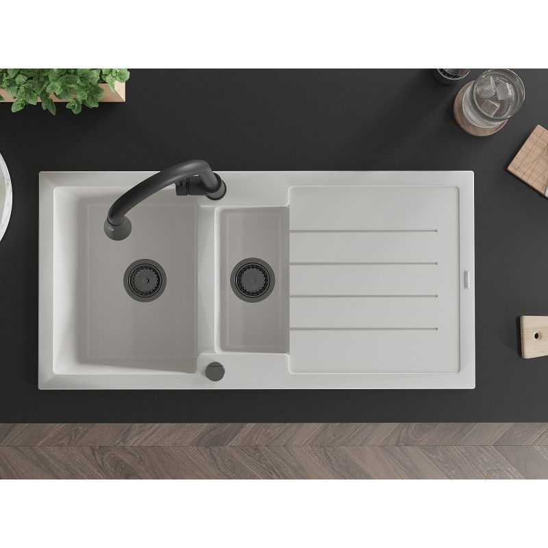 Mexen Andres granieten gootsteen 1,5-kamer met afdruiprek en keukenmengkraan Elia, wit - 6515-20-670101-70