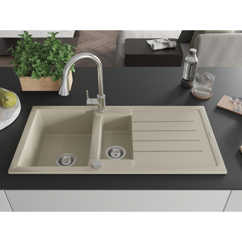 Mexen Andres granieten gootsteen 1,5-kamer met afdruiprek en keukenkraan Elia, beige - 6515-69-670101-00