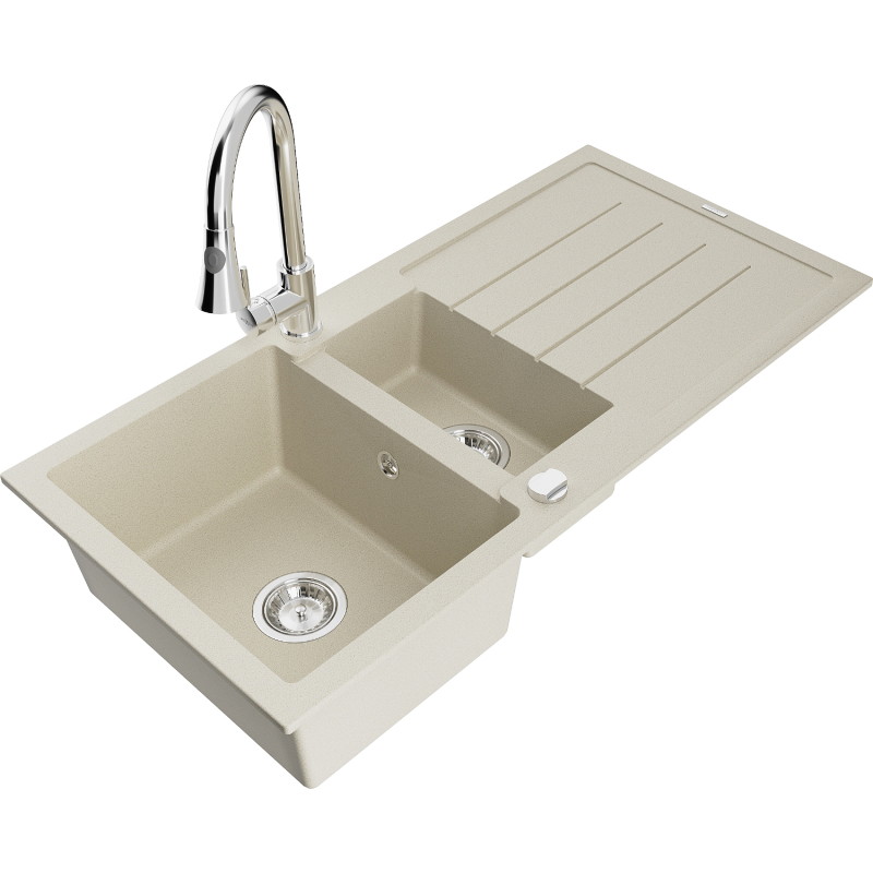Mexen Andres 1,5-Kammer-G Spülbecken aus Granit mit Abtropffläche und Küchenarmatur Elia, beige - 6515-69-670101-00
