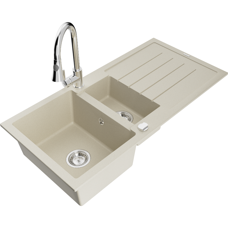 Mexen Andres fregadero de granito de 1,5 cuencas con escurridor y grifo de cocina Elia, beige - 6515-69-670101-00