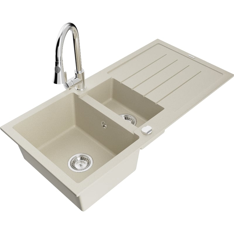Mexen Andres Granitspüle 1,5-Fach mit Abtropfbereich und Küchenarmatur Elia, beige - 6515-69-670101-00