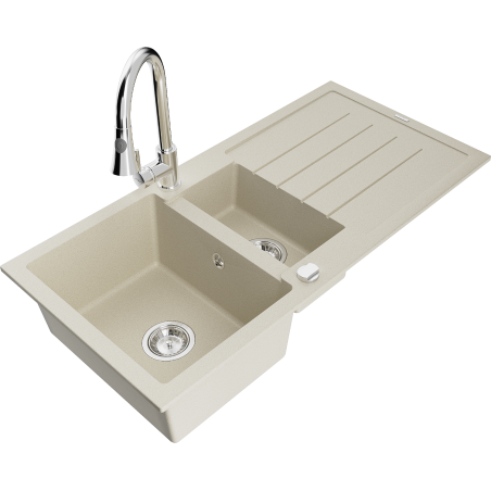 Mexen Andres fregadero de granito de 1,5 cuencas con escurridor y grifo de cocina Elia, beige - 6515-69-670101-00