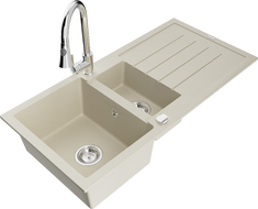 Mexen Andres granite sink 1.5-bowl with drainer and Elia kitchen tap, beige - 6515-69-670101-00