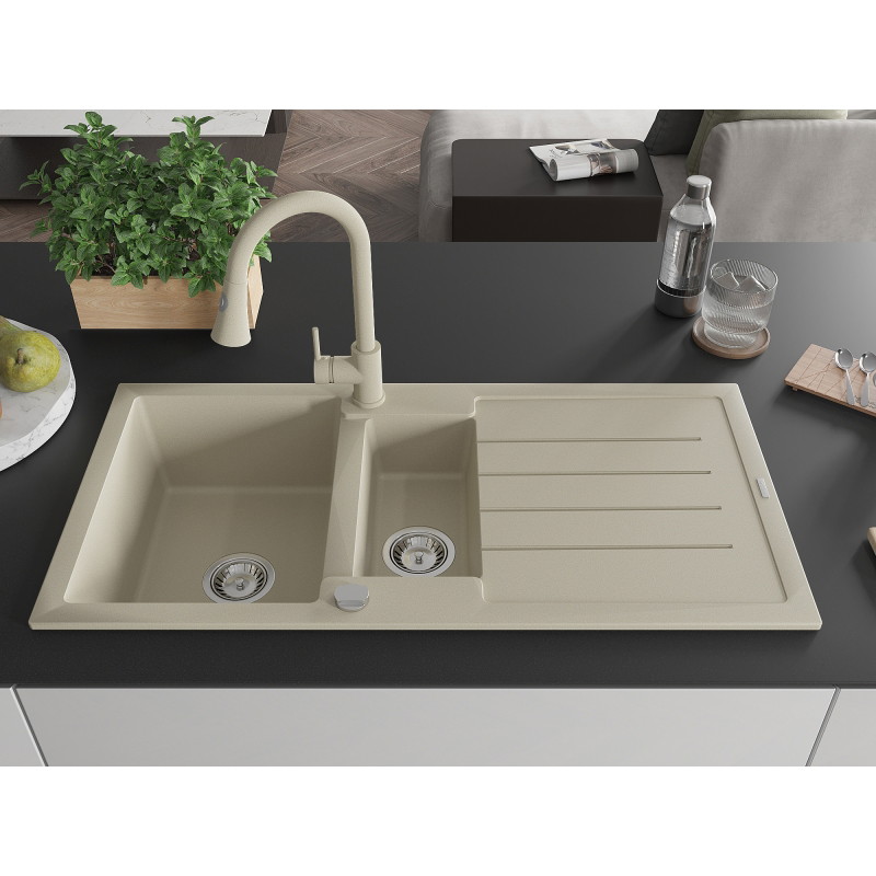 Mexen Andres granitische 1,5-bak spoelbak met afdruiprek en keukenkraan Elia, beige - 6515-69-670101-69