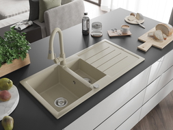Mexen Andres Granitspüle 1,5-Becken mit Abtropffläche und Küchenarmatur Elia, beige - 6515-69-670101-69