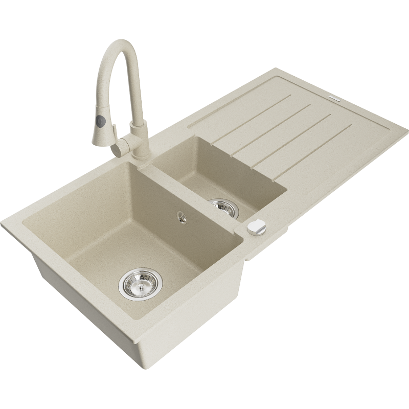 Mexen Andres fregadero de cocina de granito de 1,5 senos con escurridor y grifo de cocina Elia, beige - 6515-69-670101-69