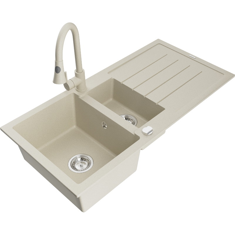 Mexen Andres fregadero de granito de 1,5 senos con escurridor y grifo de cocina Elia, beige - 6515-69-670101-69