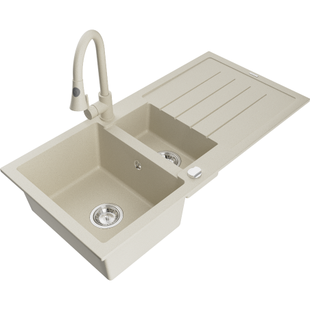 Mexen Andres granitische 1,5-bak spoelbak met afdruiprek en keukenkraan Elia, beige - 6515-69-670101-69