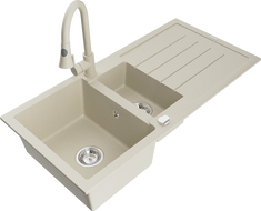 Mexen Andres lavello in granito 1,5 vasca con sgocciolatoio e rubinetto da cucina Elia, beige - 6515-69-670101-69