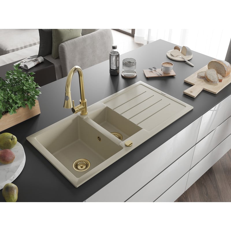 Mexen Andres fregadero de granito de 1,5 senos con escurridor y grifo de cocina Elia, beige - 6515-69-670101-50
