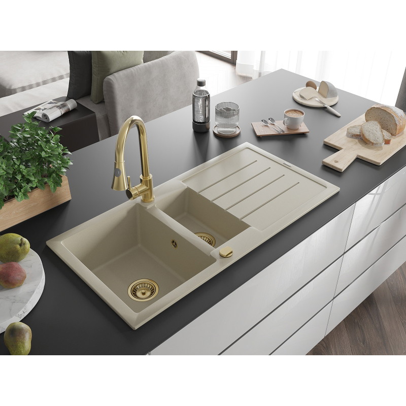 Mexen Andres granitische gootsteen 1,5-kamer met afdruiprek en keukenmengkraan Elia, beige - 6515-69-670101-50